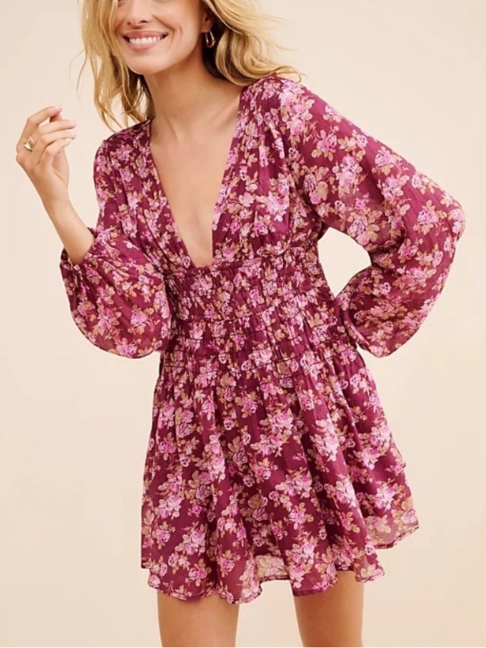 Free People Keep You Floral Deep V Smocked Mini Dress